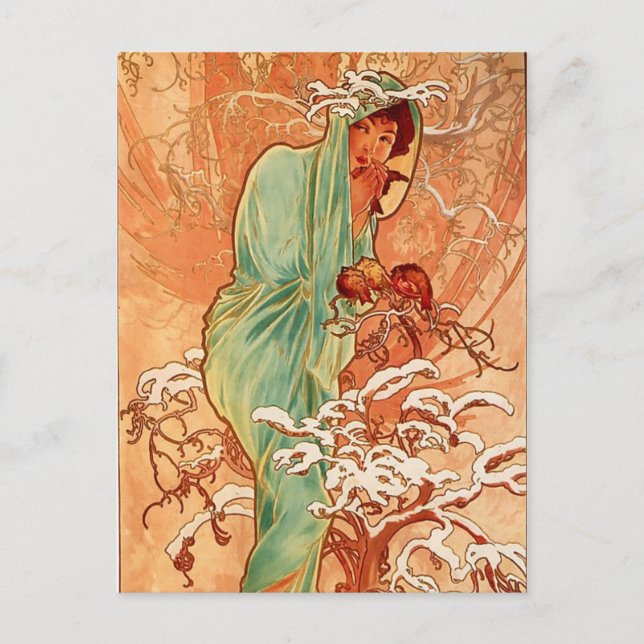 Alfons Mucha Art Nouveau Winter Painting Postcard (Front)