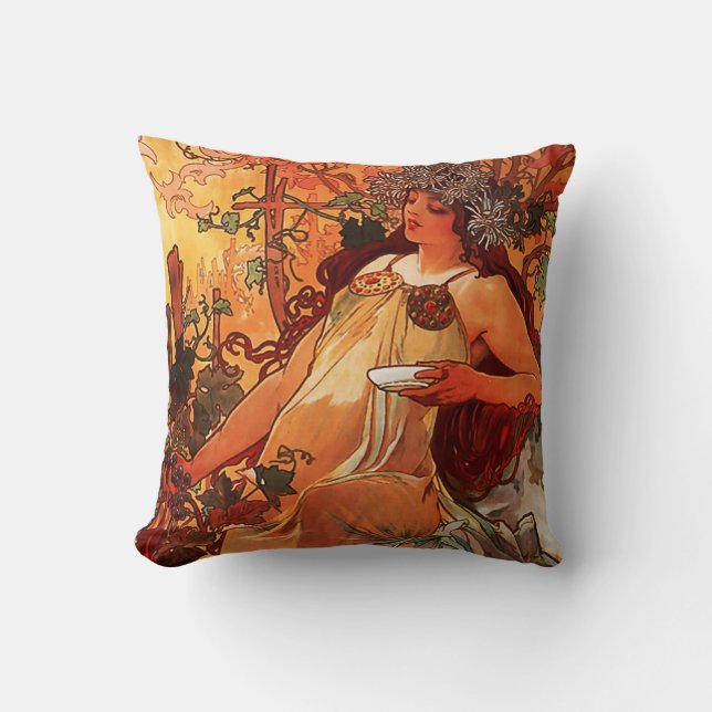 Alfons Mucha  "Autumn" Art Nouveau Throw Pillow (Front)