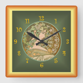 Alfons Mucha ~ Le Lierre 01 ~ Ivy ~ Art Nouveau  Square Wall Clock