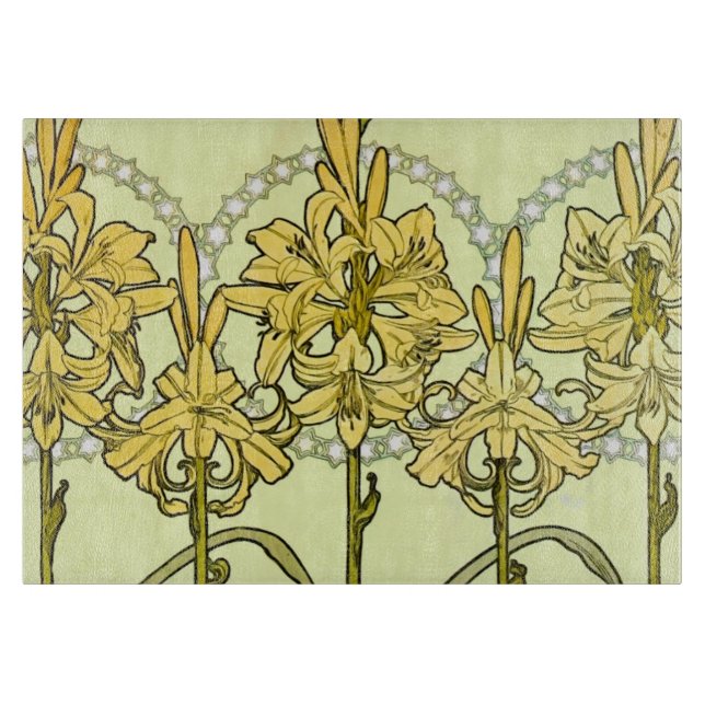 Alfonse Mucha Art Nouveau Lily Floral Pattern Cutting Board (Front)