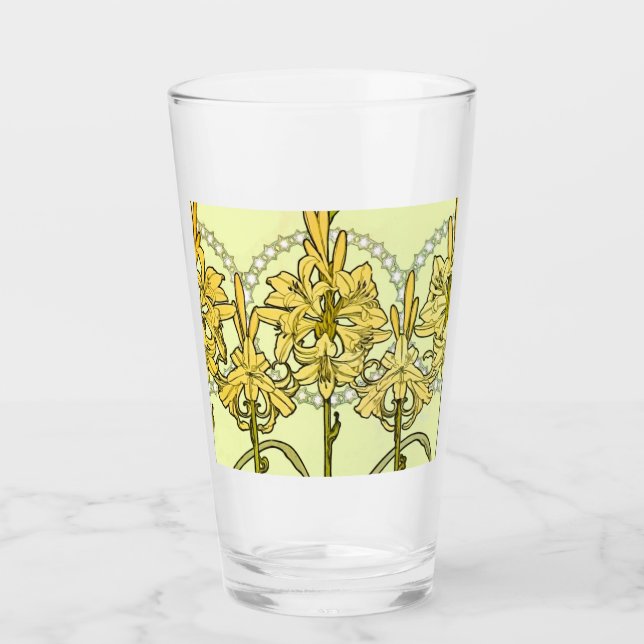 Alfonse Mucha Art Nouveau Lily Floral Pattern Glass (Front)