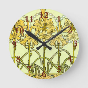 Alfonse Mucha Art Nouveau Lily Floral Pattern Round Clock