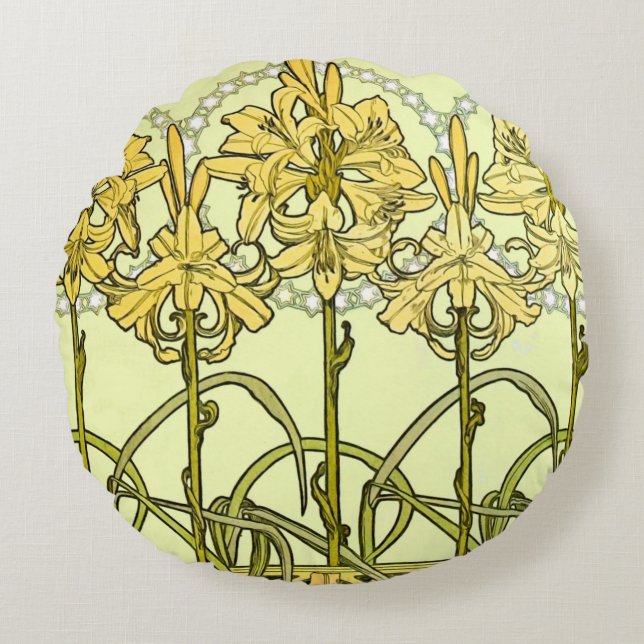 Alfonse Mucha Art Nouveau Lily Floral Pattern Round Cushion (Front)