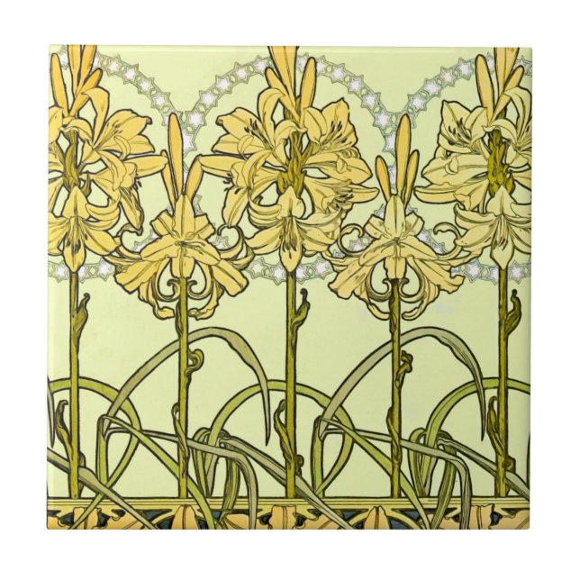 Alfonse Mucha Art Nouveau Lily Floral Pattern Tile (Front)