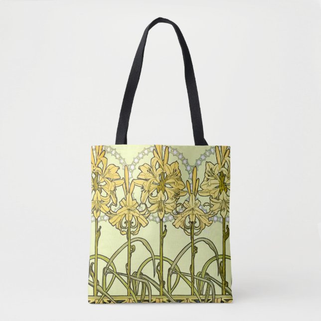 Alfonse Mucha Art Nouveau Lily Floral Pattern Tote Bag (Front)
