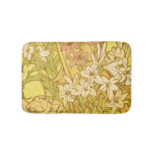 Alfonse Mucha Art Nouveau lily flowers Bath Mat (Front)