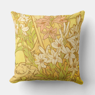 Alfonse Mucha Art Nouveau lily flowers Cushion