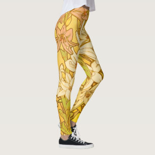 Alfonse Mucha Art Nouveau lily flowers Leggings