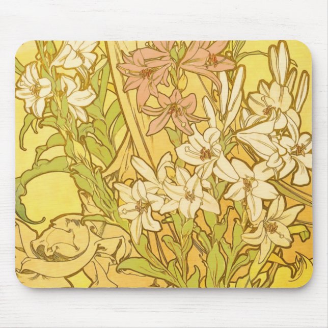 Alfonse Mucha Art Nouveau lily flowers Mouse Mat (Front)