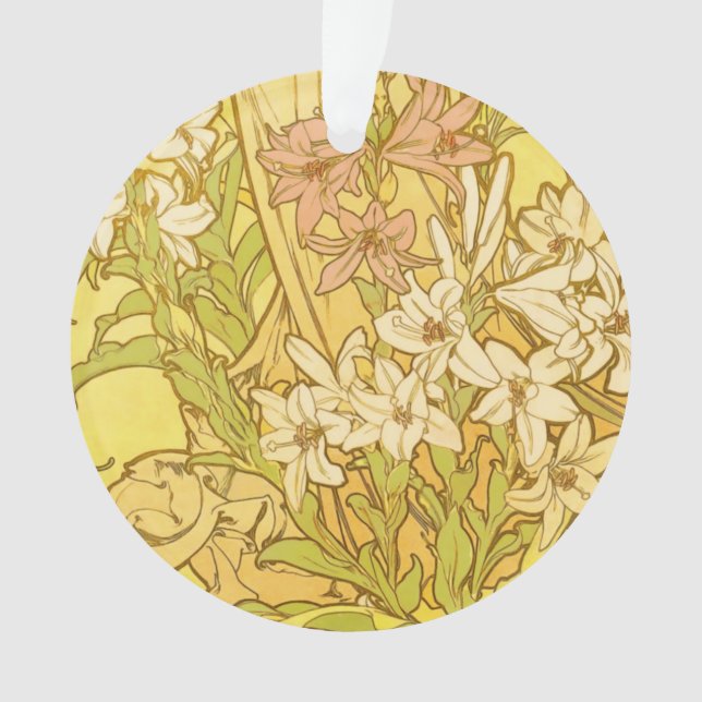 Alfonse Mucha Art Nouveau lily flowers Ornament (Front)