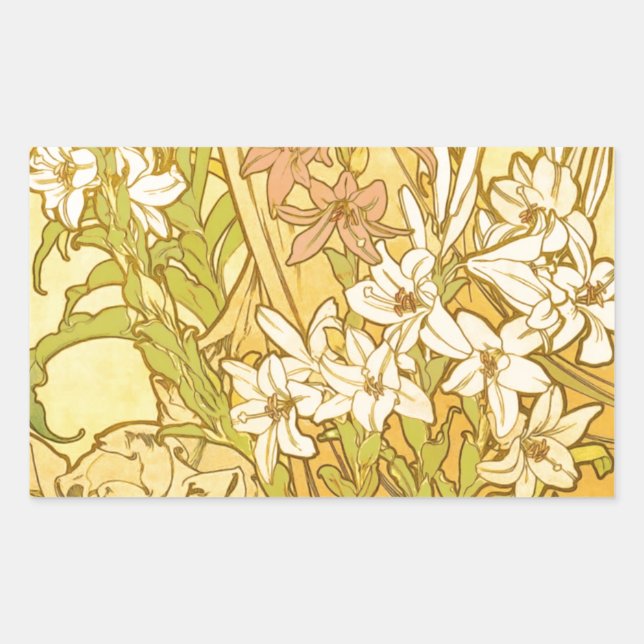 Alfonse Mucha Art Nouveau lily flowers Rectangular Sticker (Front)