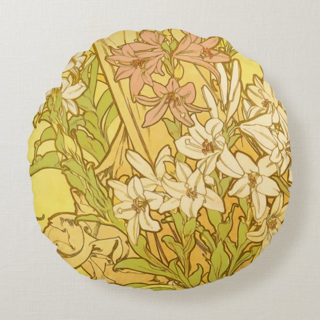 Alfonse Mucha Art Nouveau lily flowers Round Cushion (Front)