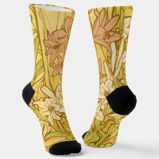 Alfonse Mucha Art Nouveau lily flowers Socks (Angled)