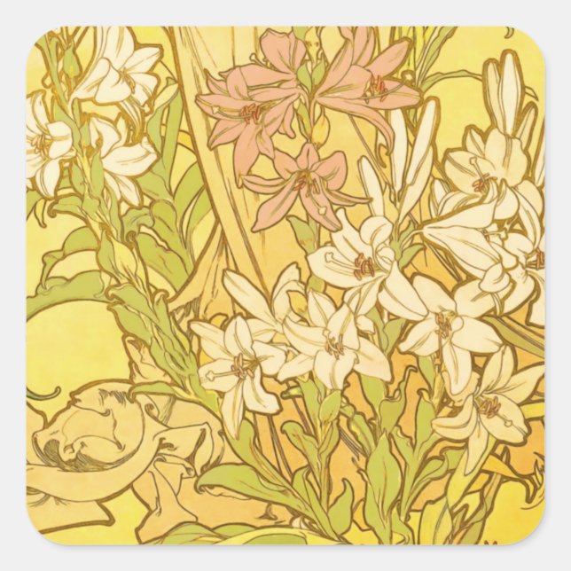 Alfonse Mucha Art Nouveau lily flowers Square Sticker (Front)