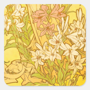 Alfonse Mucha Art Nouveau lily flowers Square Sticker