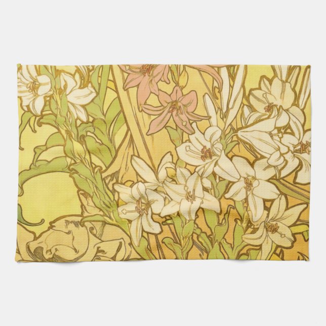 Alfonse Mucha Art Nouveau lily flowers Tea Towel (Horizontal)
