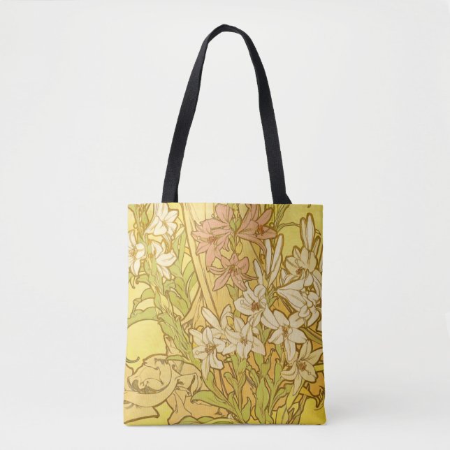 Alfonse Mucha Art Nouveau lily flowers Tote Bag (Front)