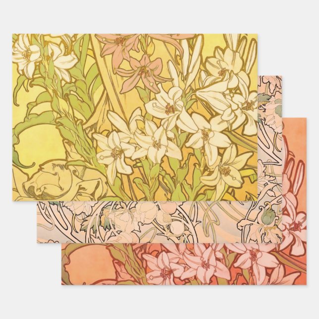 Alfonse Mucha Art Nouveau lily flowers Wrapping Paper Sheet (Set)