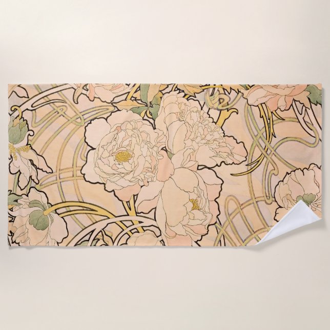 Alfonse Mucha Art Nouveau Peonies Beach Towel (Front)