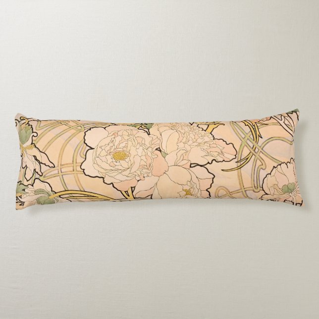 Alfonse Mucha Art Nouveau Peonies Body Cushion (Back)