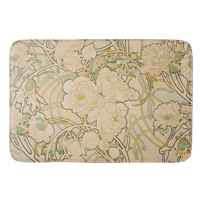 Alfonse Mucha Art Nouveau Peonies Botanical Art Bath Mat (Front)