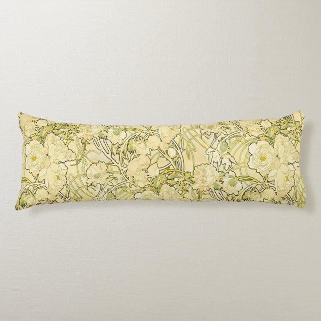 Alfonse Mucha Art Nouveau Peonies Botanical Art Body Cushion (Front)