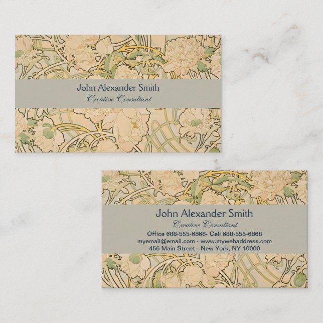 Alfonse Mucha Art Nouveau Peonies Botanical Art  Business Card (Front/Back)