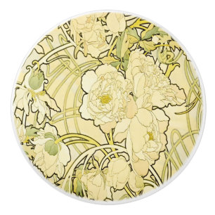 Alfonse Mucha Art Nouveau Peonies Botanical Art Ceramic Knob