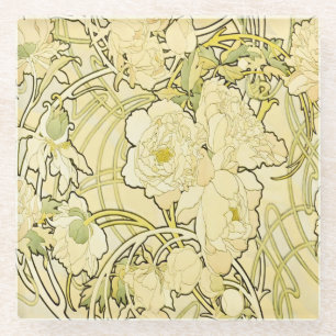 Alfonse Mucha Art Nouveau Peonies Botanical Art Glass Coaster