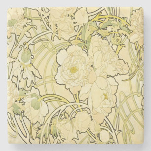 Alfonse Mucha Art Nouveau Peonies Botanical Art Stone Coaster