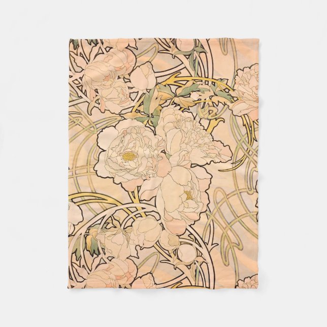 Alfonse Mucha Art Nouveau Peonies Fleece Blanket (Front)