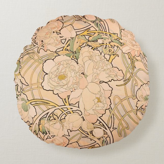 Alfonse Mucha Art Nouveau Peonies Round Cushion (Front)