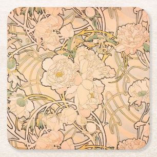 Alfonse Mucha Art Nouveau Peonies Square Paper Coaster