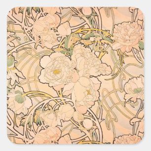 Alfonse Mucha Art Nouveau Peonies Square Sticker