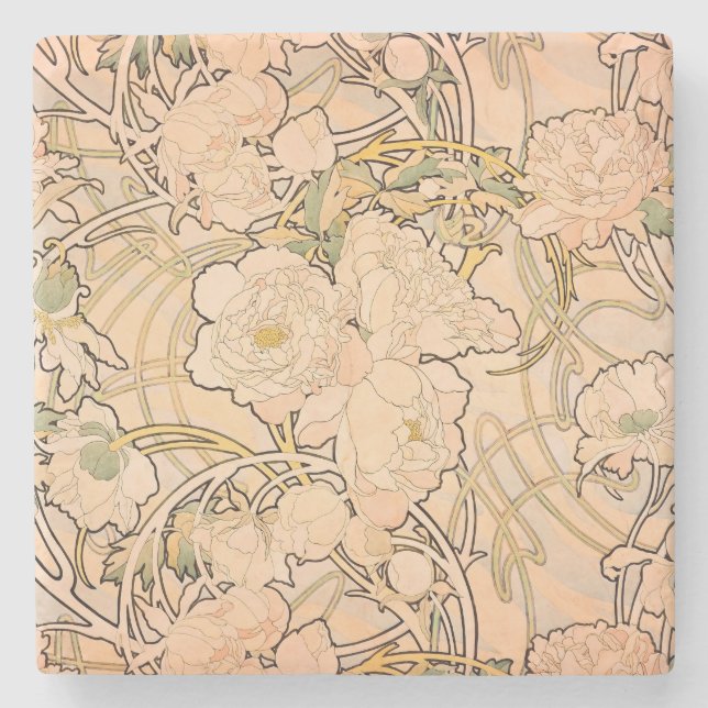 Alfonse Mucha Art Nouveau Peonies Stone Coaster (Front)