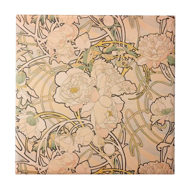 Alfonse Mucha Art Nouveau Peonies Tile (Front)