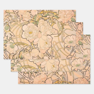 Alfonse Mucha Art Nouveau Peonies Wrapping Paper Sheet