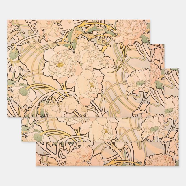 Alfonse Mucha Art Nouveau Peonies Wrapping Paper Sheet (Set)