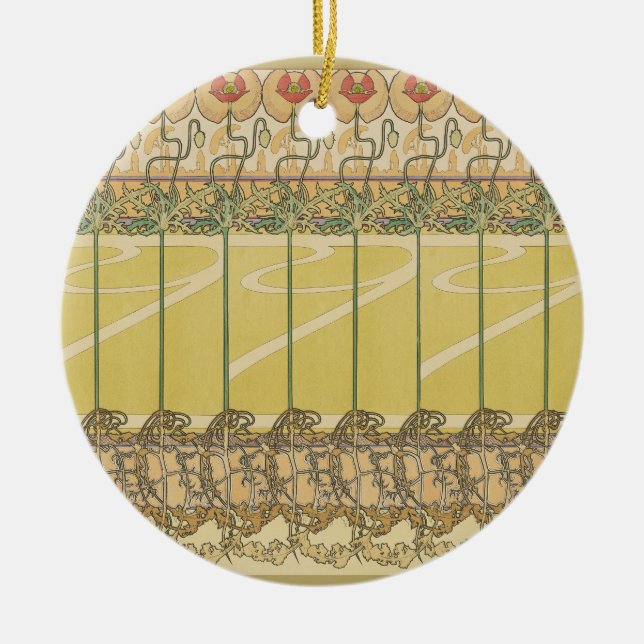 Alfonse Mucha Poppies Art Nouveau Floral Wallpaper Ceramic Tree Decoration (Front)