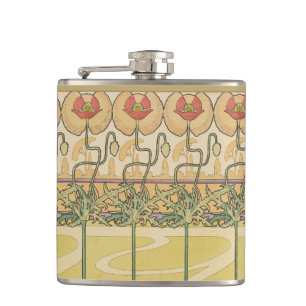 Alfonse Mucha Poppies Art Nouveau Floral Wallpaper Hip Flask