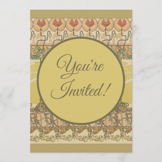 Alfonse Mucha Poppies Art Nouveau Floral Wallpaper Invitation (Front)