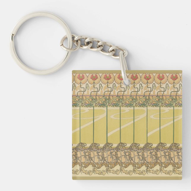 Alfonse Mucha Poppies Art Nouveau Floral Wallpaper Key Ring (Front)