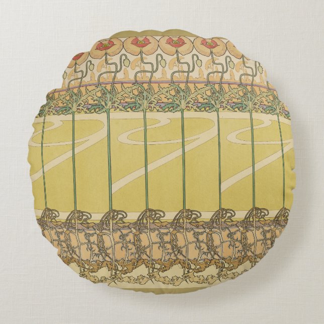 Alfonse Mucha Poppies Art Nouveau Floral Wallpaper Round Cushion (Front)