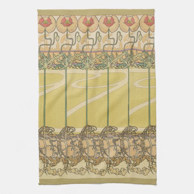 Alfonse Mucha Poppies Art Nouveau Floral Wallpaper Tea Towel (Vertical)