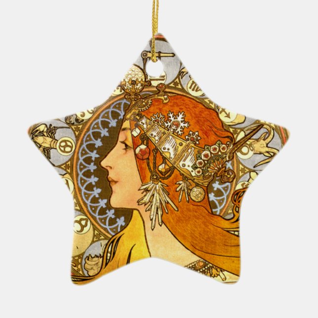 Alfonse Mucha Zodiac Art Nouveau Woman Ceramic Tree Decoration (Front)