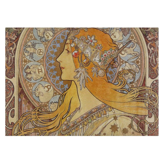 Alfonse Mucha Zodiac Art Nouveau Woman Cutting Board (Front)