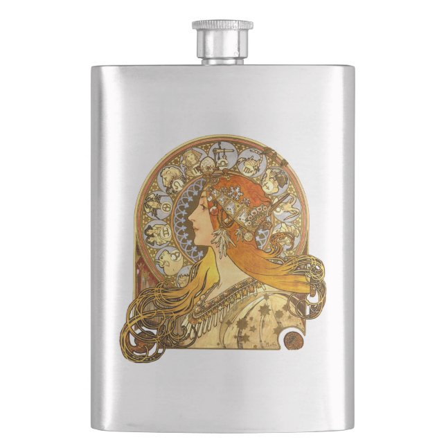 Alfonse Mucha Zodiac Art Nouveau Woman Hip Flask (Front)