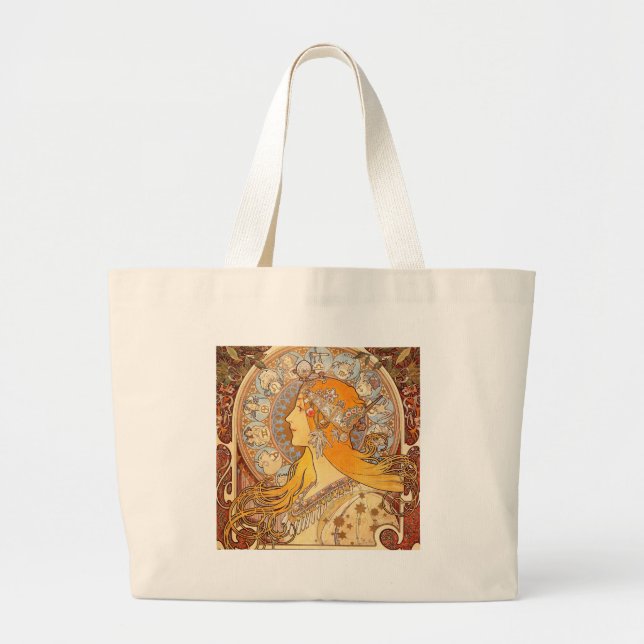 Alfonse Mucha Zodiac Art Nouveau Woman Large Tote Bag (Front)