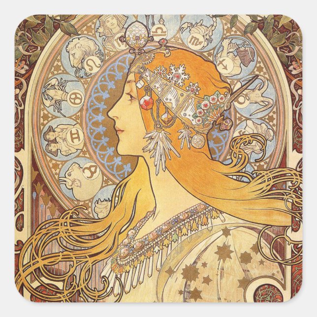 Alfonse Mucha Zodiac Art Nouveau Woman Square Sticker (Front)