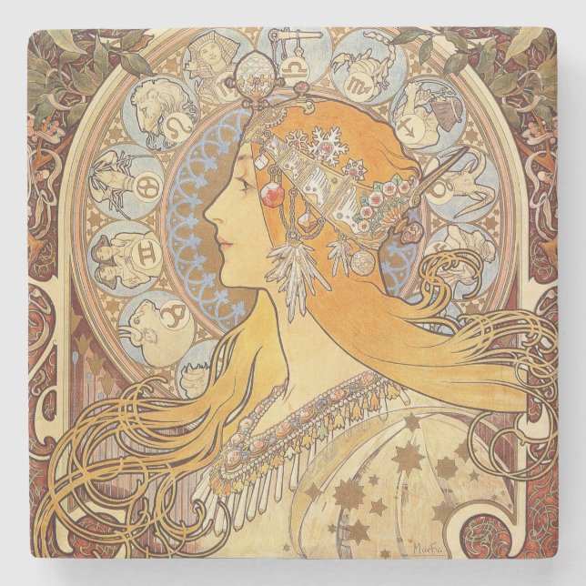 Alfonse Mucha Zodiac Art Nouveau Woman Stone Coaster (Front)